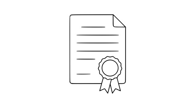 Certified document vector icon with seal badge and ribbon - hand-drawn minimalist outline illustration for certification, approval, and professional achievement in scalable line art