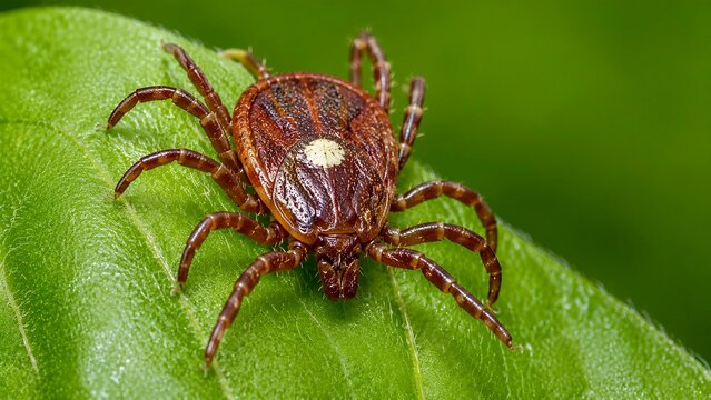 Dangerous female lone star tick (Amblyomma americanum) crawling on a green leaf during spring seasonal pest activation