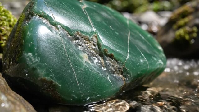 Close-up of a smooth green jade rock in a flowing stream with moss and pebbles, peaceful nature scene