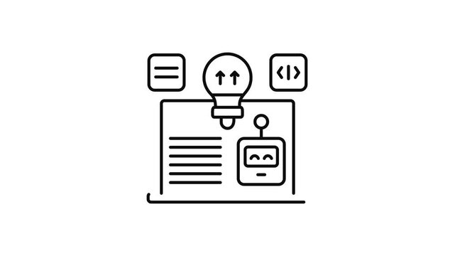 Minimalist outline animation of chatbot development coding on laptop drawing on and fading out. Features a clean pop up style in 3 color setups.