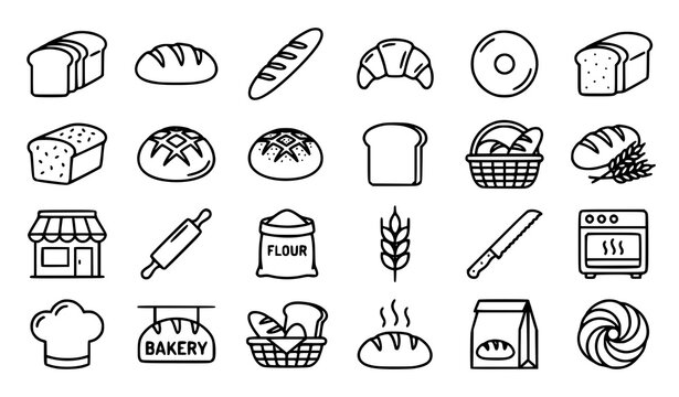 Bread Line Icons Vector Set with Bakery Loaf Baguette and Baking Symbols