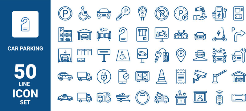 Set of 50 car parking line icons, including parking sign, garage, vehicle, ticket machine, electric charger, traffic cone, security and parking management symbols