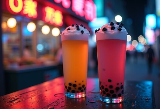 Neon Glow Tapioca Bubble Tea in Urban Nightlife Colorful Tapioca Pearls Street Performance