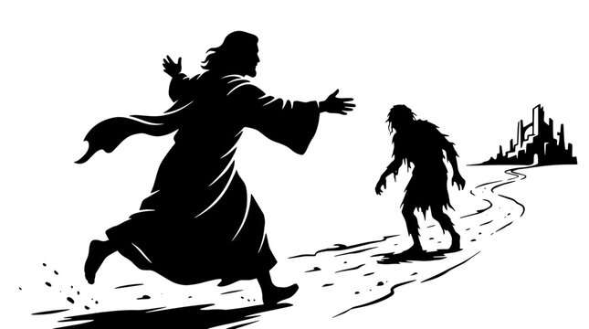 Father running to hug prodigal son silhouette. Biblical parables theme. Vector illustration isolated on white background