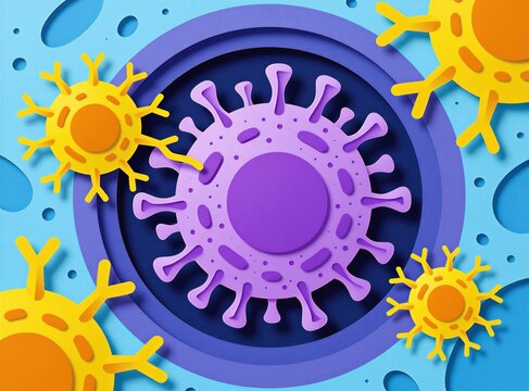 Immune system cells attack malignant cancer tumor in paper craft style art. White blood corpuscles fight against viral pathogen infection. Human defense mechanism targets diseased cells for healing