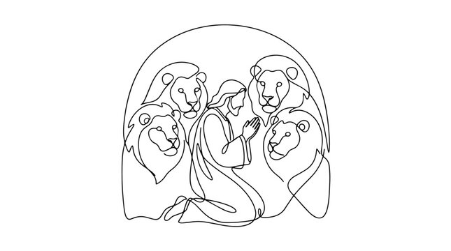 Prophet Daniel in the lions den continuous line drawing. Old Testament heroes theme. Minimalist vector illustration
