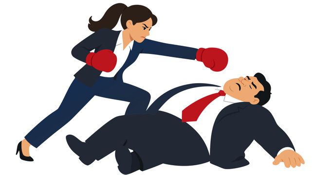 Determined businesswoman in navy suit wearing red boxing gloves delivers knockout punch to defeated businessman - vector illustration of female empowerment, corporate competition, business success