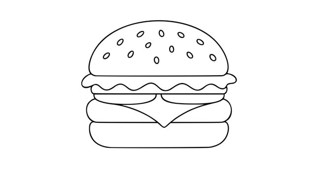 Hand-drawn cheeseburger vector illustration - minimalist line art icon of delicious stacked burger with sesame seed bun and visible layers, scalable outline design perfect for food, restaurant