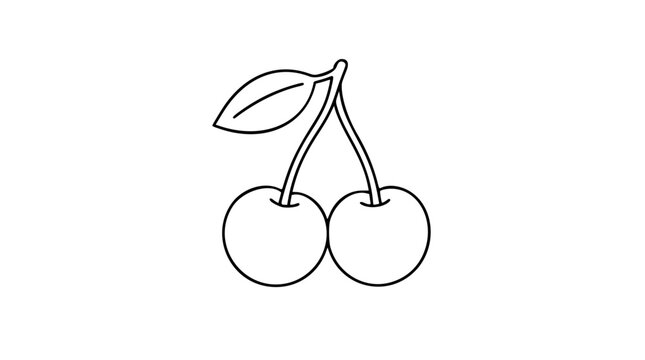 Twin cherries with leaf - hand-drawn vector illustration icon in clean minimalist line art style for fresh fruit, healthy food, summer produce, culinary graphics and cooking themed design elements
