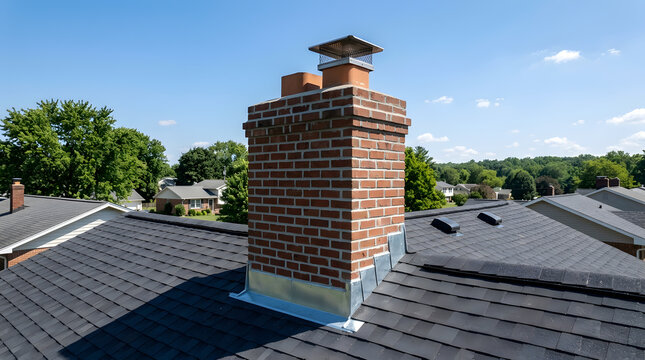 Brick chimney on shingle roof | House flashing and roof vents | Suburban home maintenance | Brick masonry chimney