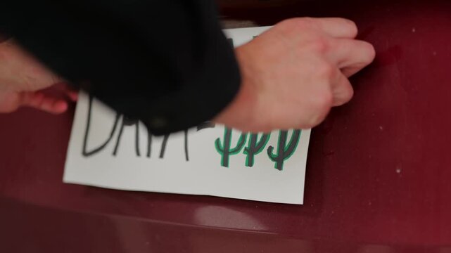 Handmade sign on car license plate slot messages like Opt Out and Data equals money to protest ALPR vehicle surveillance and Fourth Amendment rights