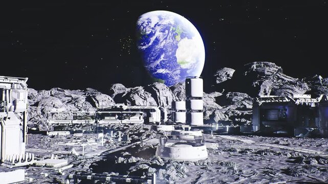observatory cluster with telescope domes and analytic modules, research instruments arranged around crater rim with earthrise horizon, sterile technical vibe