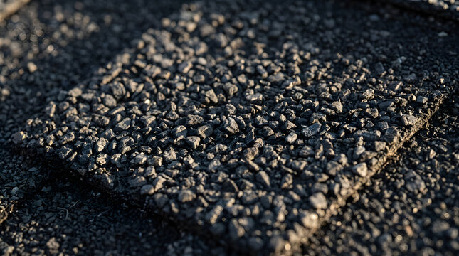 Charcoal asphalt shingle texture close-up | Macro view of roof granules on asphalt | Black roofing material texture background | Industrial gravel surface detail
