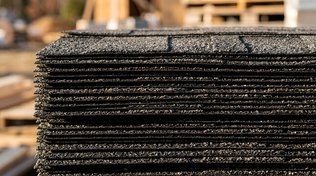 Charcoal gray asphalt roofing shingles stack | New residential roof installation materials | Architectural 3-tab shingle texture close up | Professional roofing supply at construction site