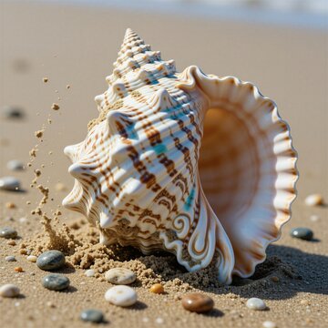 Large ornate seashell sits on golden sand shore near ocean water. Detailed conch shell rests among small stones at tropical beach. Summer vacation concept features natural mollusk sea treasure on