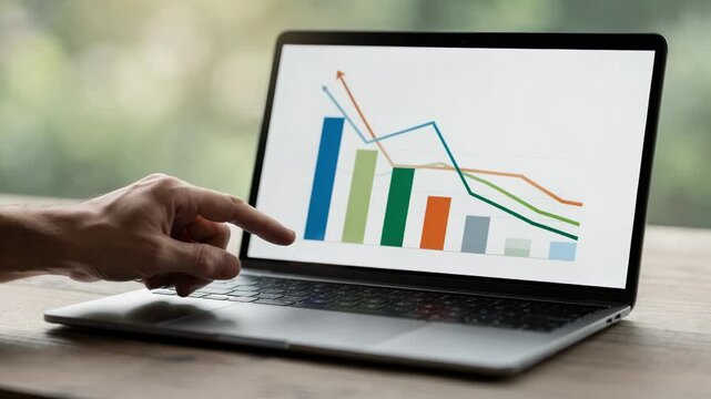 Medium shot of ecofriendly fund performance graphs on a laptop screen emphasized by a focused hand pointing at key points with an outoffocus natural backdrop.