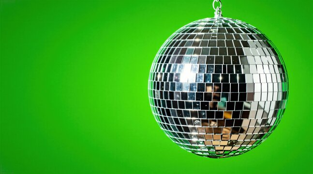 Silver disco ball hangs against a bright green background. Reflective mirrored surface sparkles with light. Perfect for parties, retro events, and music celebrations. Adds fun and energy.