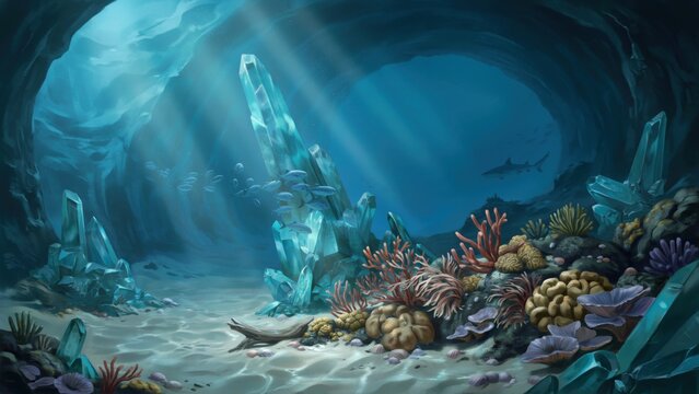 A magical underwater scene featuring glowing blue crystals inside a deep cave