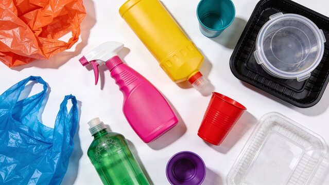 Assorted single-use plastic items highlighting waste and environmental pollution.