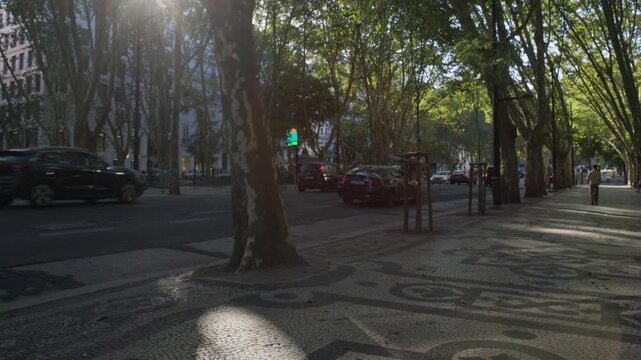 Golden Hour Street Scene on Avenida da Liberdade in Lisbon Portugal Shot with Cinema Camera