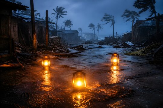 Three Rescue Lanterns Illuminate Hurricane Ravaged Coastal Village Amid Floodwater Wind and Relentless Rain Tonight