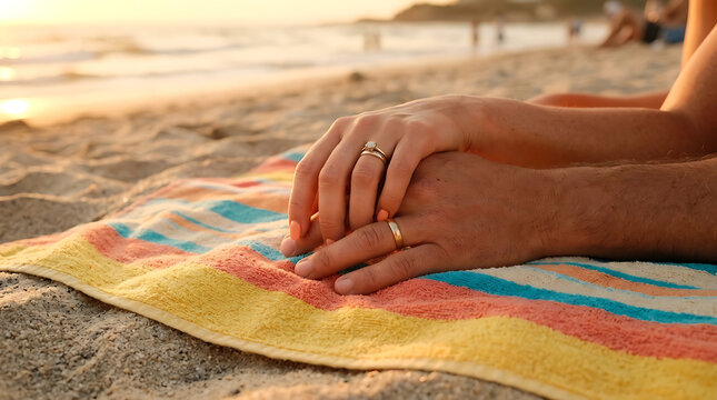 Couple holding hands on beach towel at sunset, symbolizing summer romance and warm season enjoyment