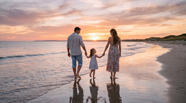 Family enjoying a warm summer evening walk on the beach at sunset, embracing the arrival of summer and outdoor lifestyle