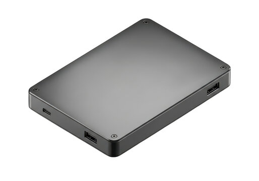 Modern external hard drive or portable ssd storage device with usbc and usba ports, sleek metallic grey aluminum casing, highspeed data backup isolated on transparent background