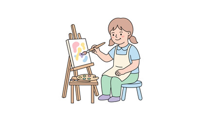 Child artist painting on canvas with easel and paints