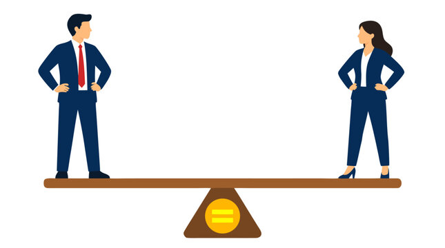 Vector illustration of a businessman and a businesswoman standing in balance on a wooden seesaw with a yellow equality symbol, representing gender parity, corporate fairness, and workplace equity