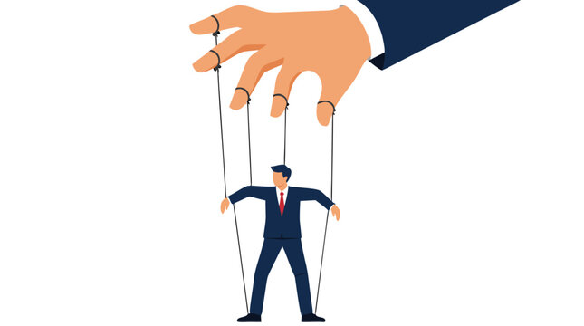 Large Mysterious Hand from Above Controlling Businessman Puppet with Strings - Corporate Manipulation, Control, Power Dynamics, Authority, and Business Hierarchy Metaphor Vector Illustration