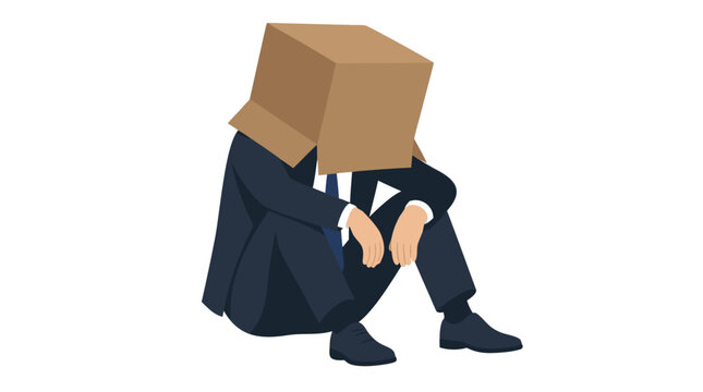 Depressed businessman hiding under cardboard box, isolated on white background. Concept of failure, unemployment, stress, mental health crisis, and career challenges in professional life