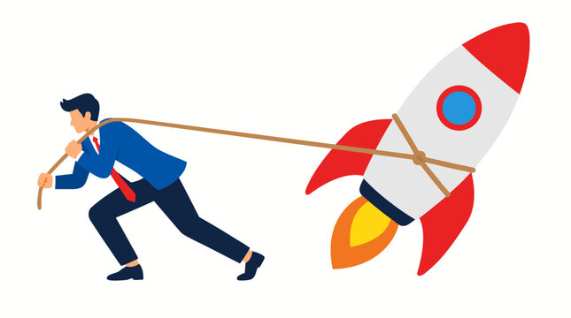 Vector illustration of a determined businessman in a suit pulling a large colorful rocket forward with a rope, symbolizing startup growth, business ambition, leadership, hard work, and project launch.