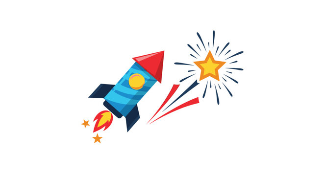 Colorful firework rocket taking off into the air next to a bright yellow star burst representing celebration events and festive holidays.