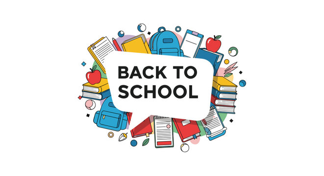Back to school themed graphic featuring school supplies like books backpacks and pencils surrounding a central text bubble for education.