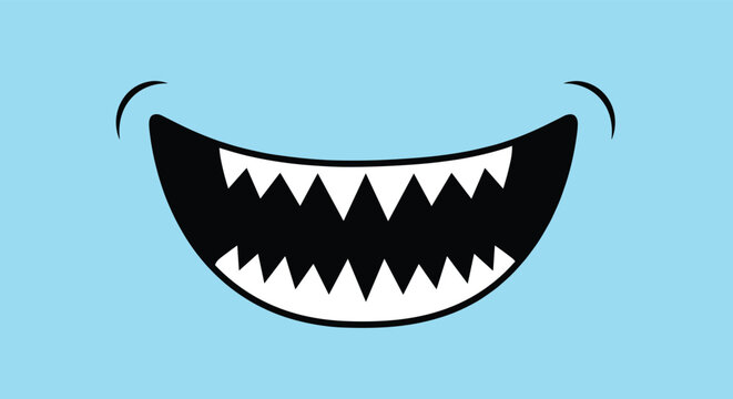 Close up illustration of a wide monstrous smile with sharp white teeth set against a bright blue background for a scary or fun look.