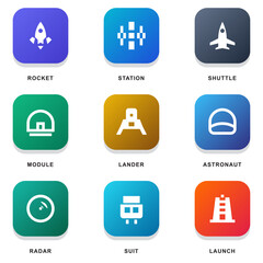 Space Exploration Icon Set with Vibrant Gradient Buttons for Rocket Lander Shuttle and Astronaut UI Design © Tabungan Piknik