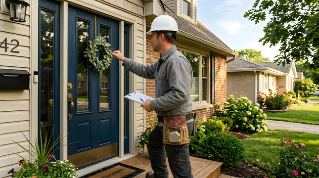 Professional roofer knocking on front door | Home inspector with clipboard at residential house | Roofing contractor providing free estimate | Door to door sales service