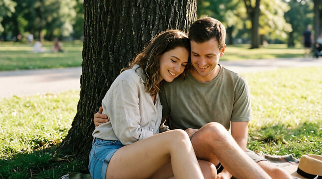 Young couple enjoying a sunny summer day in the park, embracing under a tree, embodying warm season lifestyle and outdoor relaxation