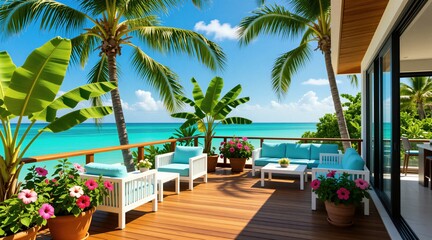 Obraz premium Luxurious terrace with wooden deck offers ocean view. Modern blue furniture sets sit outdoors near palm trees. Sunny beach resort house features potted flowers under bright sky. Beautiful tropical