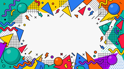 Naklejka premium Memphis style geometric frame background with colorful abstract elements and grid texture.