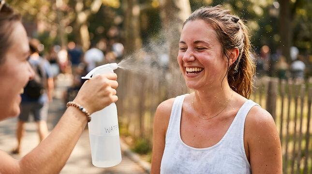 Woman laughing as friend sprays her with water bottle to cool down on a hot sunny summer day outdoors