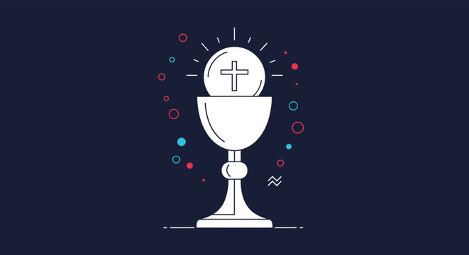 Religious illustration of the Holy Grail chalice with a cross on the communion wafer set against a minimalist dark blue background.