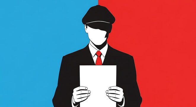 Stylish Man in Hat Reading Document Against Blue Red Split Background