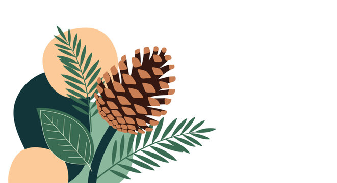 Natural composition featuring a brown pine cone green leaves and abstract orange and dark green circles on a white background for autumn.