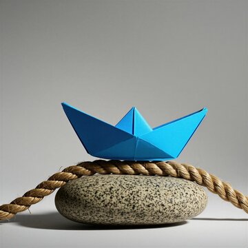 Blue paper boat sits on thick rope wrapped around stone. Concept of balance stability life journey. Minimalist clean studio shot. Simple origami craft.