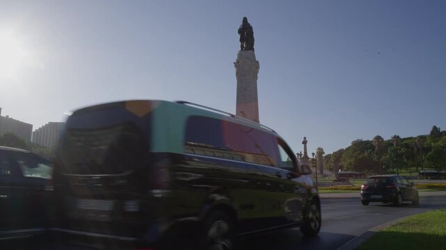 Low Angle View of Marques de Pombal Monument in Lisbon Portugal During Summer Golden Hour Shot with Cinema Camera