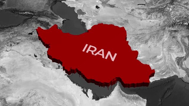 Red 3D map of Iran highlighted on a greyscale world map