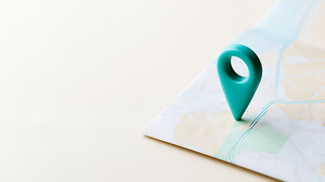 Minimalist map locator pin on paper map, representing direction, travel, navigation, destination discovery, and location search concepts