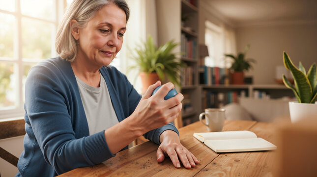 Mature woman performing hand physical therapy with a stress ball. Rehabilitation exercise at home for injury recovery
